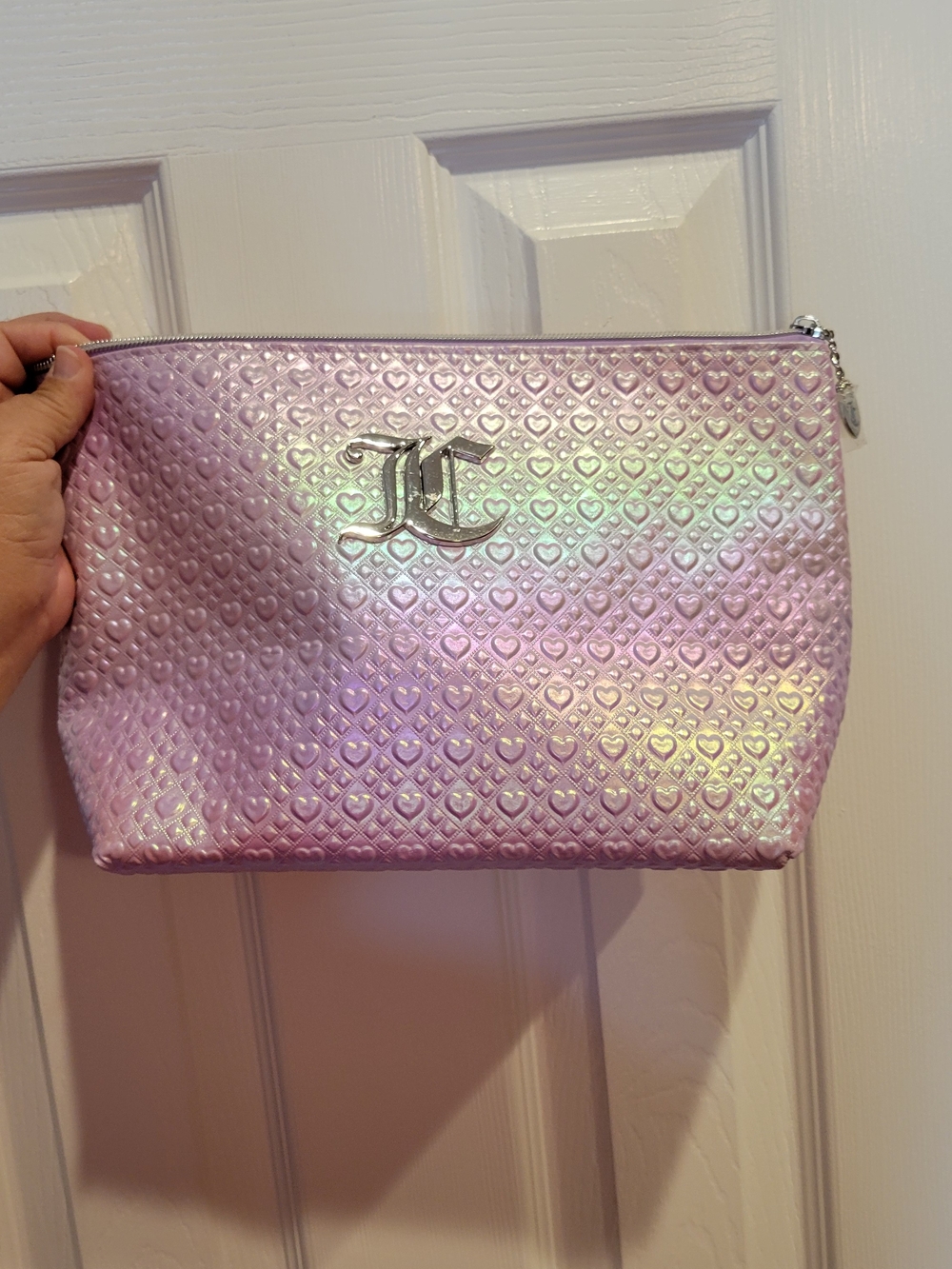 Juicy Couture Iridescent Lavender-Pink Cosmetic Bag with Silver Monogram